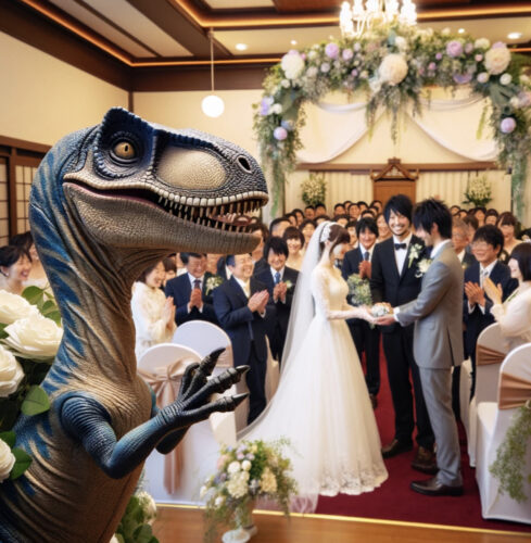 恐竜が祝福する結婚式：新郎新婦の夢の一日